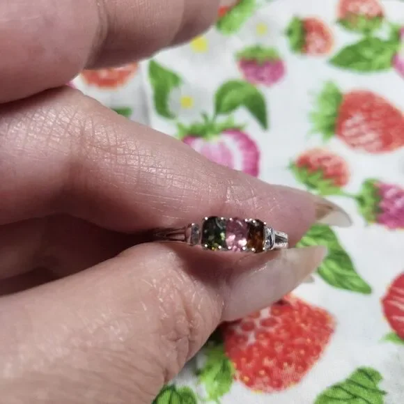 Multi-Tourmaline & White Zircon Trilogy Sterling Silver Ring